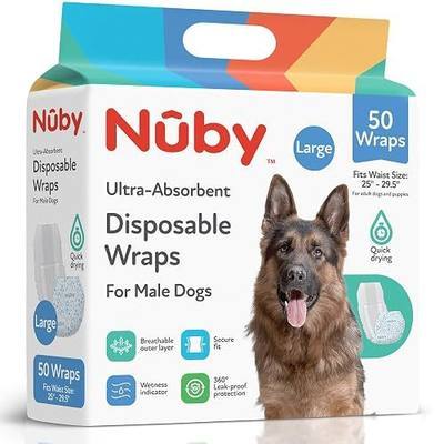 Nuby Pets Disposable Male Dog Wraps with Wetness Indicator, Absorbent & Leak-Resistant Belly Bands for Male Dogs, Large (25–29.5” Waist), 50 Count