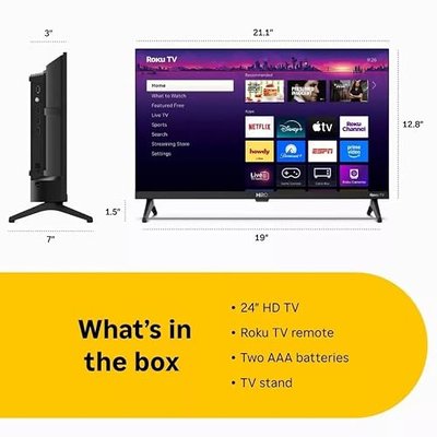 Roku Hiro 24" 720p HD Smart Flat Screen LED TV with Dolby Audio for Streaming, with Wi-Fi, Bluetooth, 60Hz, 3X HDMI Ports - H24C2C4 (Renewed)