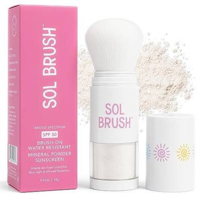SPF 50 Mineral Sunscreen Powder, Broad Spectrum UVA/UVB Protection Sunscreen, Mess Free Brush On Applicator, Clean & Cruelty Free, Water Resistant (80 Minutes), White, Translucent