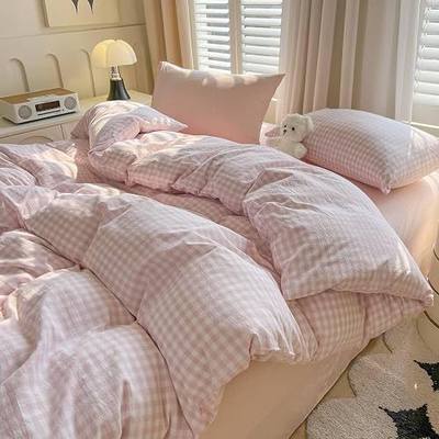 LifeTB Pink Gingham Duvet Cover Twin XL 100% Washed Cotton Girls Pink White Plaid Checkered Comforter Cover Soft Breathable Plaid Duvet Cover with 2 Pillowcases Grid Pattern Cute Gingham Bedding Set