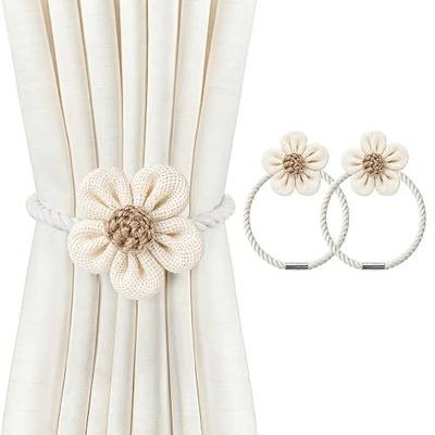 VIS'V Magnetic Curtain Tiebacks, Boho Curtain Holdbacks, Cream, 2 Pcs | Linen Cotton Material, Rustic Flower Design, for Living Room, Bedroom, Nursery, Kitchen, Bathroom, Patio, Balcony, Gazebo