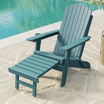 HDPE Folding Adirondack Chair with Footrest, 3-Position Adjustable | Weather Resistant Collapsible Patio Chair with Retractable Ottoman, for Fire Pit, Porch and Lawn, Lake Blue