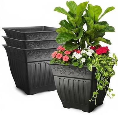 BTPLASTIK 18 inch Large Square Planter for Plants - 4 Pack Decorative Black Plastic Flower Pots with Drainage Holes & Raised Base, 14 Gallon Vintage Garden Pot for Outdoor, Patio, Porch (15" Tall)