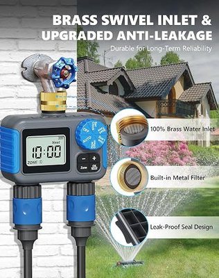 Sprinkler Timer with Brass Swivel, Hose Timers for Watering | Digital Irrigation Timer with Rain Delay & Manual Mode, Automatic Watering System for Outdoor Garden Lawn Yard, 2 Outlet