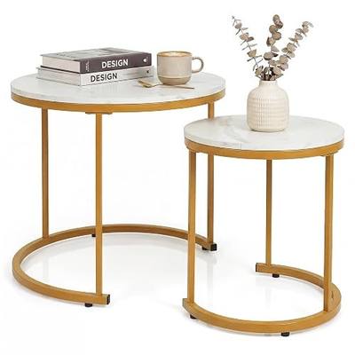 GOFLAME Nesting Coffee Tables Set of 2, Stacking Round Center Table with Wooden Tabletop & Powder Coated Steel Frame, Living Room Coffee End Table Set for Apartment, Bedroom (White & Gold)