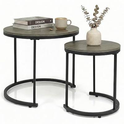 GOFLAME Nesting Coffee Tables Set of 2, Stacking Round Center Table with Wooden Tabletop & Powder Coated Steel Frame, Living Room Coffee End Table Set for Apartment, Bedroom (Gray Oak & Black)