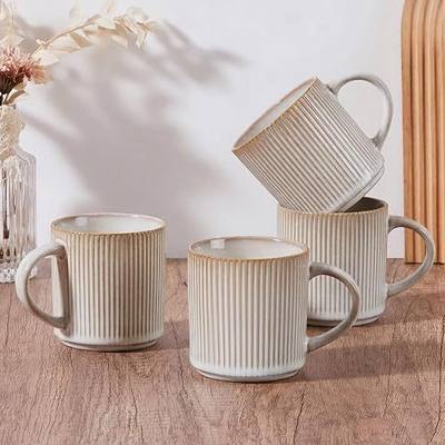 E-far Coffee Mugs Set of 4, 12 oz Stoneware Coffee Cups with Handle for Latte, Tea, Cocoa, Milk, Modern Ribbed Ceramic Mugs for Man Woman, Microwave & Dishwasher Safe, Creamy Beige