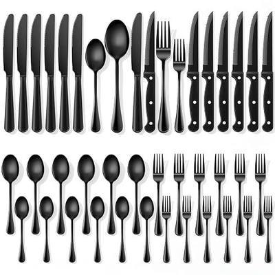Quatish 36 Piece Black Silverware Set with Steak Knives, Cutlery Utensil Sets for 6, Food-Grade Stainless Steel Flatware Sets, Kitchen Utensils Set for Home Restaurant Hotel, Mirror Finished, Black