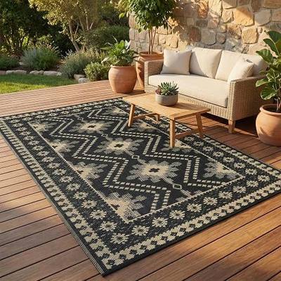 9x18 Brown Outdoor Rug, Waterproof Plastic Straw Reversible Ethnic Geometric Patio Mat, Symmetrical Tribal Pattern Washable RV Camping Carpet, Foldable Portable Deck Rug for Picnic Backyard