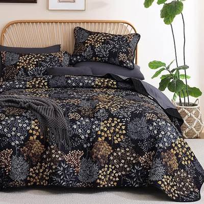 WONGS BEDDING Queen Quilt Set, Black Brown Elegant Botanical Print Bedspread Coverlet Set for Spring Summer,3 PIece Lightweight Microfiber Farmhouse Floral Quilted Bed Cover for Guest Room 96"×90"