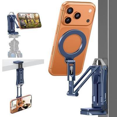 OMOTON TP02-Pro Magnetic Phone Holder, 5-in-1 Tripod Stand with Rear Attachment Plate | Desk, Kitchen, Gym, Vlogging | iPhone 12-17 Series, Blue