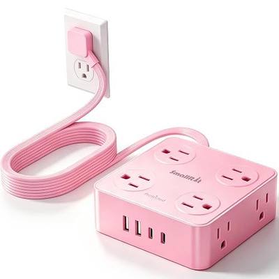 Power Strip, SMALLRT Extension Cord with Multiple Outlets, 10FT Flat Plug Power Strip with USB Ports, 8 Outlets, Outlet Extender for Home Office, Pink