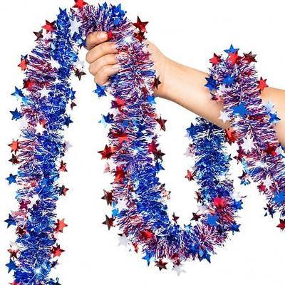 4th of July Garland Decor 2 String-Red White Blue Star Tinsel Garland Total 32.8Ft Glitter Patriotic Decorations for Tree Car Parade Float Bike Party Door Boat Indoor Outdoor Holiday Home