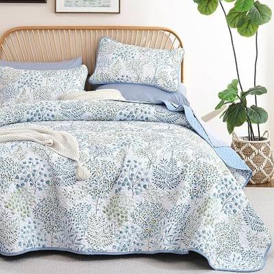 WONGS BEDDING Queen Quilt Set, Blue Green Elegant Botanical Print Bedspread Coverlet Set for Spring Summer,3 PIece Lightweight Microfiber Farmhouse Floral Quilted Bed Cover for Guest Room 96"×90"