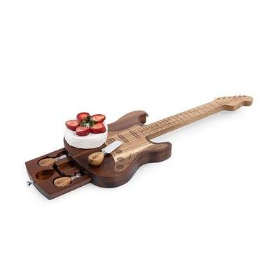 PICNIC TIME Guitar Legend Cheese Board & Knife Set, Novelty Charcuterie Board Set with Stainless Steel Tools Housed in Guitar-Shaped Piece, Swivel-Open Serving Platter, Charcuterie Set, (Acacia Wood)
