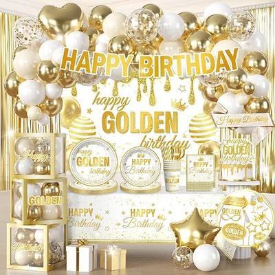 Cocomigo Golden Birthday Party Decorations for Women,Serves for 25 | All-in-One Kit,Easy to Use,Complete White and Gold Set for Backdrop,Balloon Arch,Tableware,Curtains,Photo Props