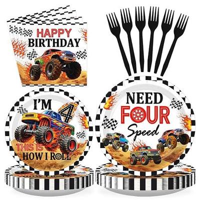 96Pcs Truck 4th Birthday Party Decorations Serves 24 | Need Four Speed Paper Plates and Napkins Set Monster Truck 4th Decorations for Boys 4 Year Old Party Supplies