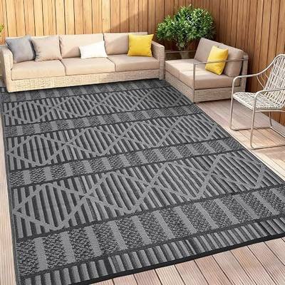 Outdoor Patio Rug 9x18 Waterproof Outside Area Rugs Modern Striped Geometric Reversible Plastic Straw Carpet for RV Deck Camping Entryance Porch Picnic Balcony Beach,Black/Grey