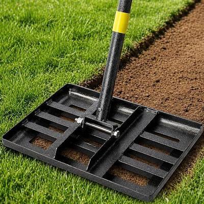 Lawn Leveling Rake – 17”x10”Heavy Duty Stainless Steel Lawn Leveler with 28”-72” Adjustable Handle, Anti-Flip Smooth Edge for Top Dressing Soil, Yard, Garden Lawn Care Tool