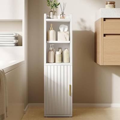 Yoobure Small Bathroom Storage Cabinet, Narrow Toilet Paper Cabinets with Fluted Door, Wood Slim Corner Floor Cabinet with Adjustable Shelf, Bathroom Organizer for Small Spaces, 7.9" D x 7.9" W, White
