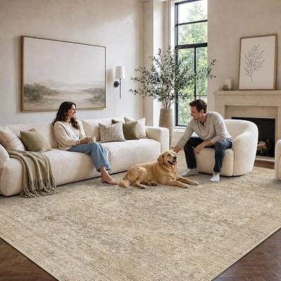 8x10 Washable Boho Area Rug, Dark Beige Farmhouse for Living Room | Soft Easy Clean Vintage Neutral Carpet Non Slip For Bedroom, Nursery Dining Room Decor. Large Stain-Resistant Faux Fur Rug.