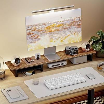 PEGZONE 46" Dual Monitor Riser, Metal Shelf Wooden Desk Organizer | Walnut Wooden Desk Shelf for 2 Monitors/TV,Monitor Stand Riser for Desk, Wood Monitor Stand Organizer for Home Office