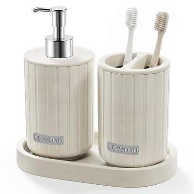 Bathroom Accessory Set 3 Pieces with Soap Dispenser, Toothbrush Holder and Vanity Counter Tray, Stone Look Bathroom Sets Accessories, Cream Modern Bath Accessories for Home Decor