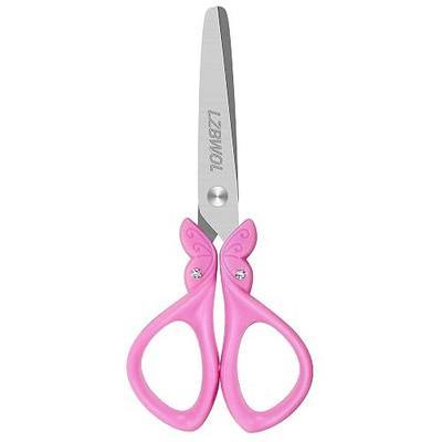 Kids Scissors Ages 5-8, 5.5" Safety Blunt Tip for Girls, Pink | Cute butterfly school scissors with rhinestone decor. Durable stainless steel blades for safe crafting.