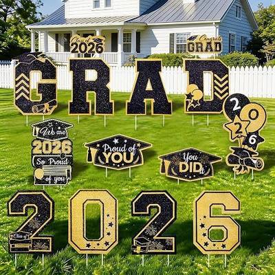Black Gold Glitter Graduation Large Yard Signs for Class of 2026-14 Pcs Outdoor Lawn Decor Kit with Stakes, Plastic Congrats Grad Party Decorations with Real Shimmer Effect