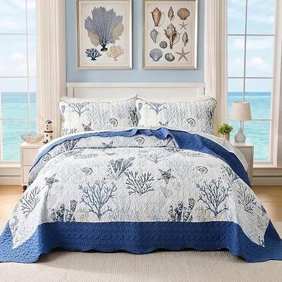 Qucover Coastal California King Quilt 118"x106", Ocean Beach Themed Bedding Set with Pillowcase, Soft Lightweight Reversible Microfiber Nautical Coverlet, Oversized King Bedspread for Summer,Navy Blue