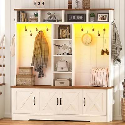 CSZZD Large Hall Tree with Bench, RGB LED Lights & Entryway Storage | 5-in-1 Multifunctional Farmhouse Entryway Bench with 12 Coat Hooks, 8 Adjustable Storage Cubbies, Spacious Shoe Storage Bench