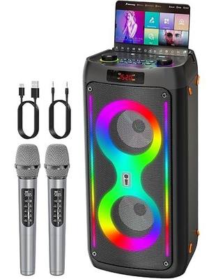 Karaoke Machine, Portable Outdoor Speaker with 2 Wireless Microphones, PA System with LED Lights for Camping, Beach, Party, Supports USB TF REC AUX, 6000mAh Battery, Ideal Gifts for Adults