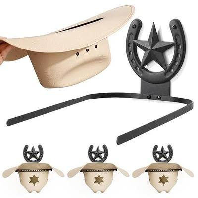 Cowboy Hat Holder Wall Mount Western Horseshoe Hat Rack, 4 Pack Black | Extra-long arms support oversized hats, keep shape. Heavy-duty iron, Rust-proof, scratch-free. Mounts on walls, RVs, trailers