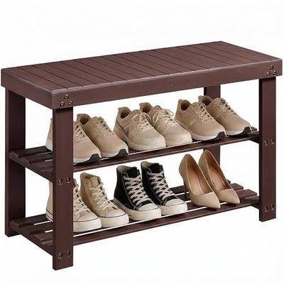 AMADA HOMEFURNISHING Bamboo Shoe Rack Bench, 3 Tier Sturdy Shoe Bench, Storage Shoe Organizer for Entryway, Living Room, Bedroom, Balcony, 220 lbs Weight Capacity, Brown