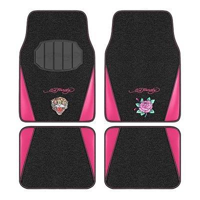 ED HARDY Tiger Print Car Floor Mats, Carpet Floor Mats with Hot Pink Leather Design, Automotive Car Mats with Built-in Heel Pad & Anti-Slip Backing, Fits Most Cars, SUVs & Trucks, Durable & Odorless