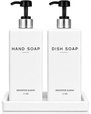 White Glass Hand and Dish Soap Dispenser Set by Brighter Barns - Kitchen Soap Dispenser Set with Tray & Pump - Modern Kitchen Decor and Accessories for Hotel, Vacation Rental, Airbnb (White/Silver)