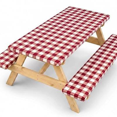 SquarePie Picnic Table Cover with Bench Covers - Waterproof Fitted Elastic Tablecloth for 6 FT Tables - Washable Polyester Camping Table Cloth for Patio RV BBQ (Burgundy Red Checkered,30"x72")