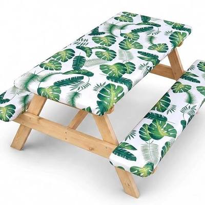 SquarePie Picnic Table Cover with Bench Covers - Waterproof Fitted Elastic Tablecloth for 6 FT Tables - Washable Polyester Camping Table Cloth for Outdoor Patio RV BBQ (Palm Leaf, 30"x72")