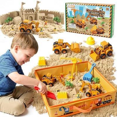 Billeeit Sand Construction Kit w/Sand Box, Sand, Trucks & Tools 30+Pcs | 15In Foldable Sand Box, 2.2lbs Sensory Sand, 4 Press to Go Trucks, Molds, Stickers & Tools 30+Pcs, Sand Toy Gift for Kids 3+
