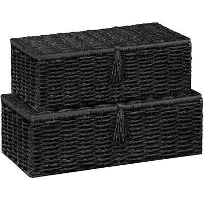 Vagusicc Wicker Shelf Baskets with Lid, Set of 2 Handwoven Wicker Storage Baskets for Shelves, Rectangular Storage Bins with Lids, Decorative Storage Boxes, Small Wicker Baskets for Organizing, Black