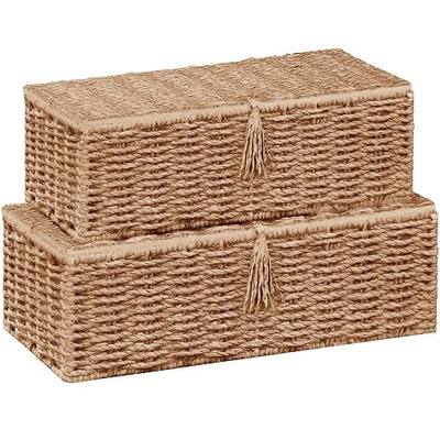 Vagusicc Wicker Shelf Baskets with Lid, Set of 2 Handwoven Wicker Storage Baskets for Shelves, Rectangular Storage Bins with Lid, Decorative Storage Boxes, Small Wicker Baskets for Organizing, Natural
