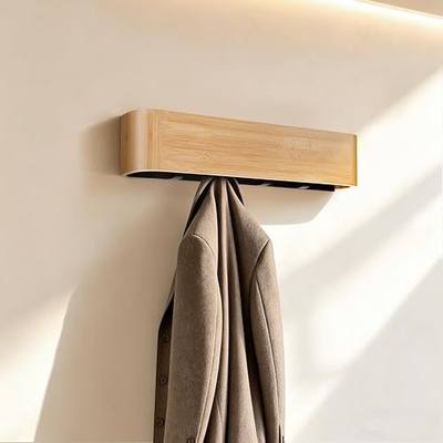 16" Bamboo Coat Rack Wall Mount, 4 Hidden Hooks, Compact, Natural | Solid Bamboo Shelf, 4 Heavy Duty Steel Hooks 44 lbs Each, Entryway Bathroom Bedroom Kitchen, Paper Template Easy Install