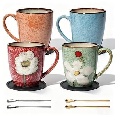 12oz Coffee Mugs Set of 4, Ceramic Tea Cups, Unique Kiln Glazing, Microwave and Dishwasher Safe Stoneware, Lead-Free Porcelain Mugs for Home Kitchen Office (4 Colors Set)