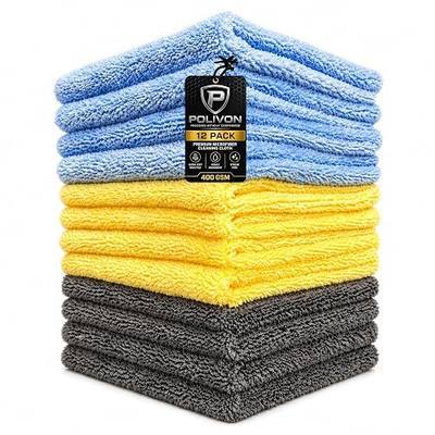 Premium Microfiber Towel for Cars 12 Pack, 400GSM, Quick-Dry, Scratch-Free, High and Low Pile Surface, Gray, Yellow, Blue,16 x 16 Inches, for Car Detailing and Household Use