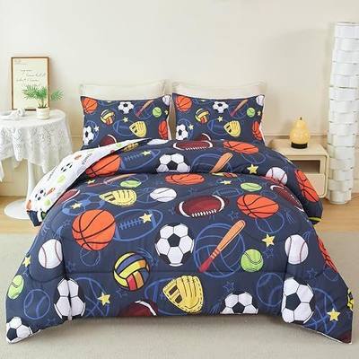 RYNGHIPY Sports Bedding Set for Boys Full Size Basketball Soccer Football Tennins Volleyball Comforter Set 3pcs Kids Bedding with 1 Comforter 2 Pillowcases (Navy-Ball, Full)