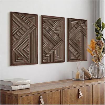 VIYYIEA Boho Solid Wood Carved Wall Art Set of 3, Geometric Minimalist Wooden Home Decor Panels, Handcrafted Solid Wood Wall Hanging for Living Room Bedroom Hallway, 16 x 8 Inch Each (Geometry II)