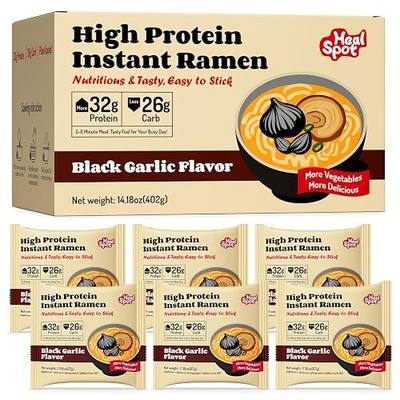 HealSpot High Protein Instant Ramen, 6 Pack Non Fried Ramen Broth, 32g Plant Based Protein, Low Fat, Low Carb, Non GMO, Keto Friendly Plant Based (Black Garlic Classic-Pork Flavor)
