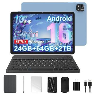 Android 16 Tablet, 10 Inch Tablet with Octa-Core, 24GB RAM 64GB ROM 2TB Expand, Gemini AI, 6000mAh, WiFi, GPS, Dual Camera, BT 5.0, 2 in 1 Tablets PC with Keyboard, Case, Mouse, Stylus
