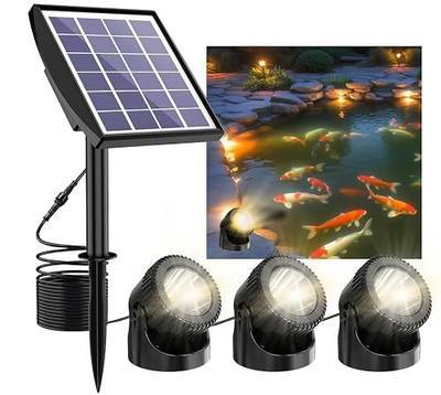 Solar Pond Lights, 3-in-1 Warm White Underwater Pond Lights, Smart Auto ON/Off Submersible LED Fountain Lights with 3-Brightness Modes, IP68 Waterproof for Pond, Garden, Patio, Pool, Waterfall Decor
