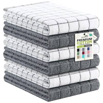 Kitinjoy Premium Kitchen Towels (16"x 28", 6 Pack), Large 100% Cotton Terry 390 GSM Kitchen Hand Towels, Ultra Absorbent Check Design Tea Towels Set with Hanging Loop, Grey